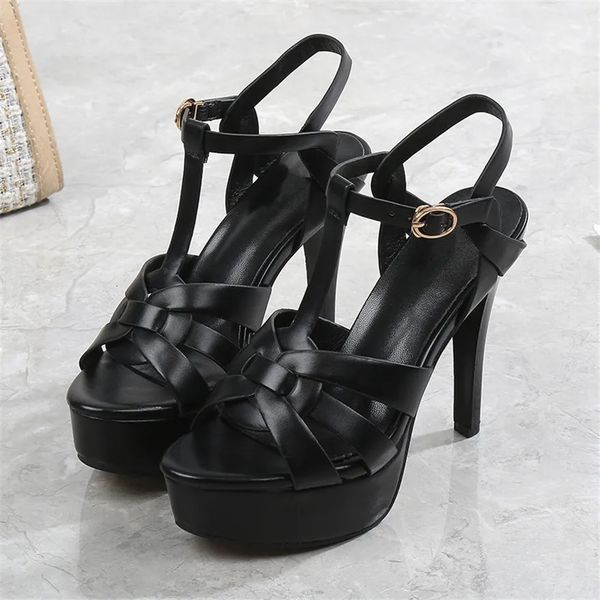 2025 Summer Sexy Soft Leather Platform Sandals Women High Heels TBuckle Party Pumps Black Stiletto Open Toe Ladies Dress Shoes 250303d