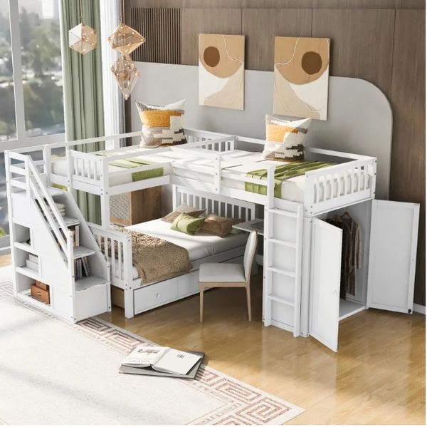 

2025 Twin-Twin over Full L-Shaped Bunk Bed With 3 Drawers, Portable Desk and Wardrobe, Maximized space, Health and Comfort