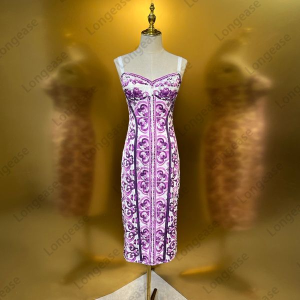 Dresses for woman designer dress elegant purple porcelain printed silk gathered waist summer 8254100