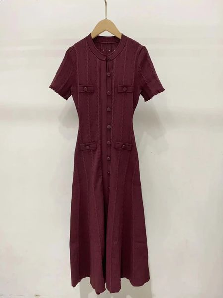 

French Fashion Runway Knitt Single Breasted Mermaid Midi Dress Elegant Lady Ruffled Sleeve Hollow Out Slim Sweater 250305, Claret