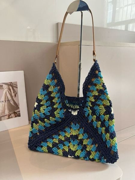 

Fashion beach bag shoulder bag hollow woven bag women's bag trend women's bag 2025, Blue