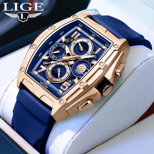 

LIGE new men's quartz watch multifunctional waterproof calendar watch sports wine barrel shaped hollow watch, Gold