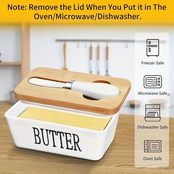 

Large Ceramic Butter Dish with Lid and Knife Stylish Yellow Color and Secure Silicone Seal