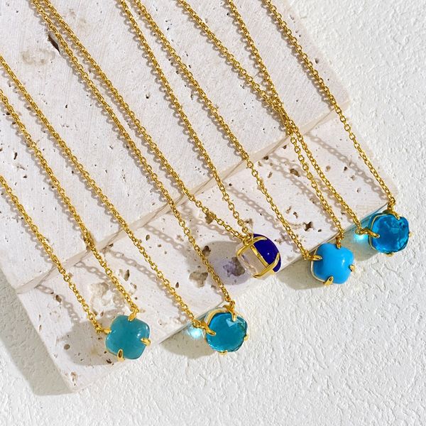 

Chic Candy Color Crystal Necklace Double-Sided Faceted Pendant Transparent Artificial Gemstones Gold Plated Brass Jewelry 43cm+2.4cm Chain