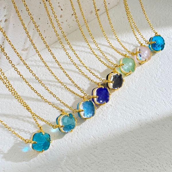 

Fashion Candy Color Crystal Pendant Necklace Gold Plated Brass with Double-Sided Faceted Design Transparent Artificial Gemstones 43cm+2.4cm Chain