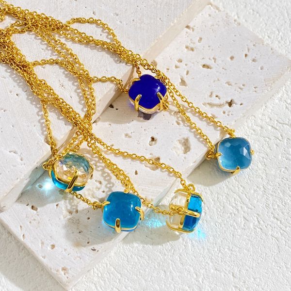 

Stylish Candy Color Faceted Crystal Pendant Necklace Double-Sided Square Design Gold Plated Brass Transparent Artificial Gemstones 43cm+2.4cm Chain