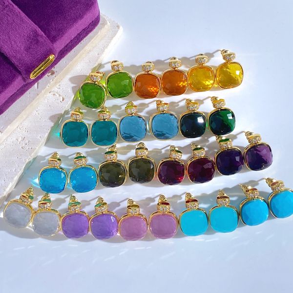 

Luxury Fashion Geometric Square Earrings Candy Color Multifaceted Crystal Style Perfume Bottle Inspired Micro Pave Zircon Brass Jewelry for Women