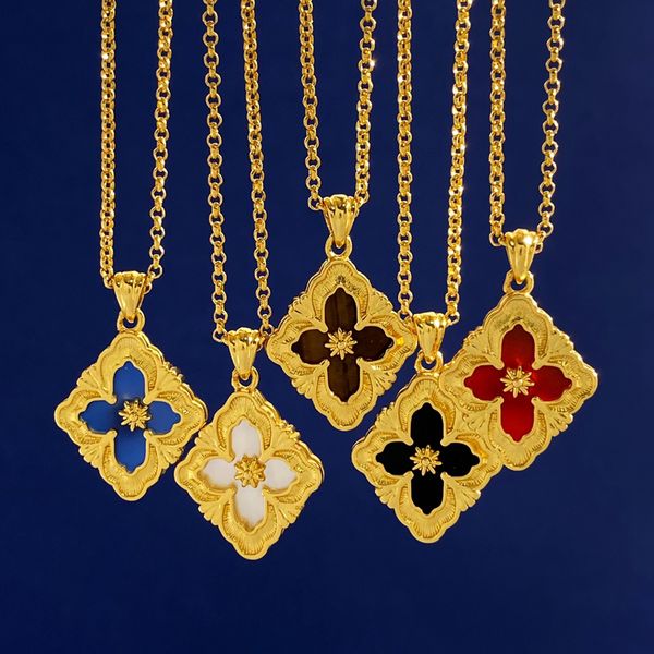 

Vintage Palace Style Rhombus Flower Necklace Four Petal Design One Side Micro Pave Zircon One Side Gemstone Gold Plated Brass Fashion Jewelry