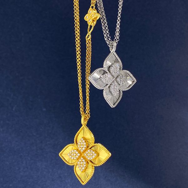 

Luxury Hollow Carved Four Petal Flower Necklace Gold Plated Brass Delicate Brushed Metal Finish Micro Pave Zircon Stylish Elegant Jewelry Gift