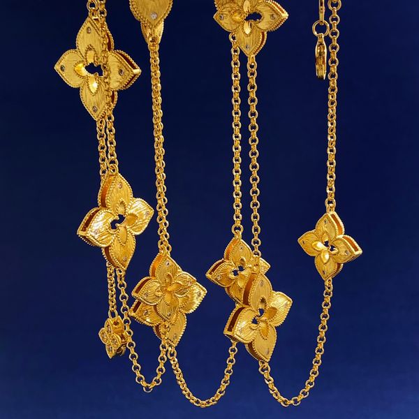

Luxury Long Four Petal Flower Necklace Sweater Chain 13 Flower Design Gold Plated Brass with Micro Pave Zircon Hollow Carved Fashion Jewelry