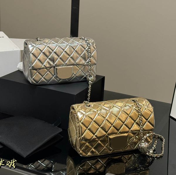 

Silver Ball Women Luxury Designer Classic Flap Bag Shiny Lambskin Leather Quilted Diamond Pattern Shoulder Matelasse Chain Tote Cross Body Coin Purse 20x12cm, White