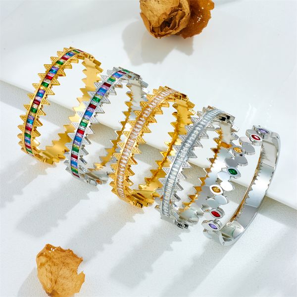 

Wholesale 10pcs Mixed Byanztium Era Vintage Stainless Steel Colorful Zircons Edge Buckle Bangles Waterproof Anti-rust Geomteric Bracelets Hand Jewelry