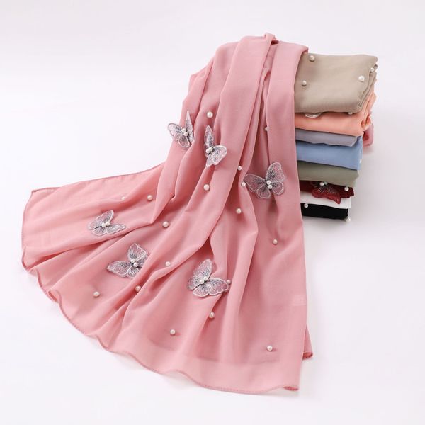 

Pearl Chiffon 3D Butterfly Flower Beaded Scarf --811067