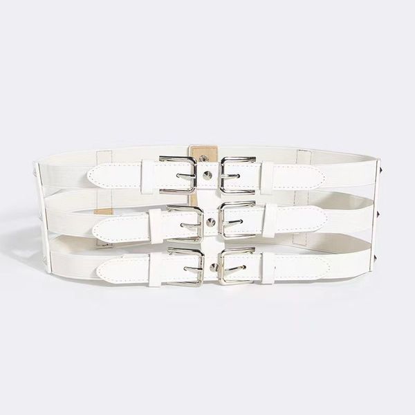 

Versatile Style New Wide Elastic Belt Featuring a Hollow Girdle & Adjustable Three Rows of Buttons, White