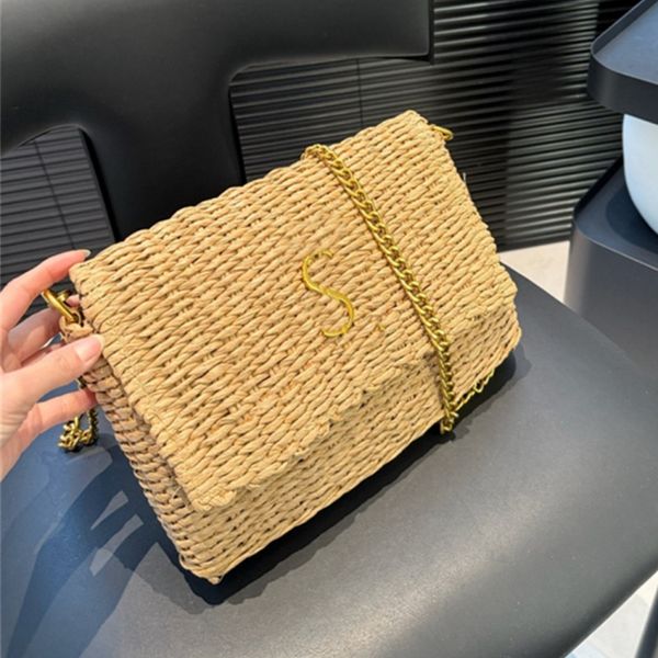 

2025 Woman Straw Crossbody Bags Designer Bag Cross Body Shoulder Bag Gold Chain Small Flaps 10A, Khaki(26*17cm)
