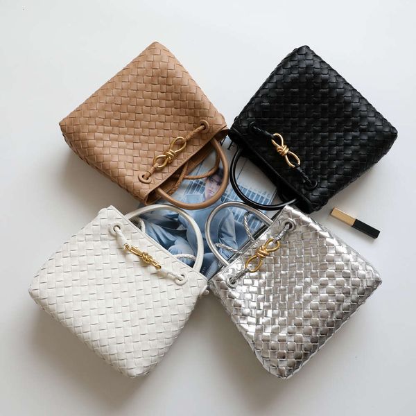 

Free Shipping Small Fashionable Design New Metal Knot Leather Woven Tote Bag One Shoulder Portable Large Capacity Women's Bag, Milk tea