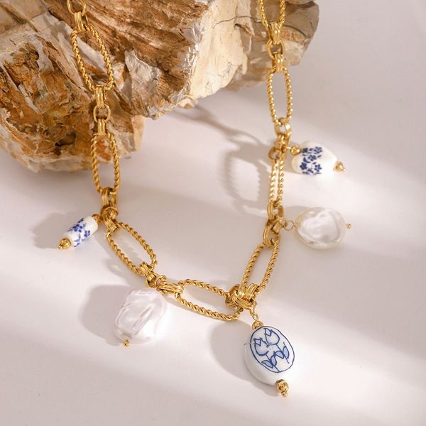 

Classic High Class Chinese Style Necklace - Stainless Steel Base with Pearls and Rose Porcelain-Like Electroplated Decoration,From Chinese traditional design