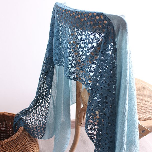 

New spring and summer literary solid color hollow embroidery wool and cotton and linen scarf --836709
