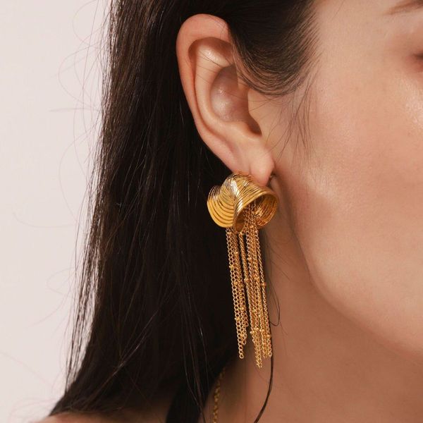 

Gold Electroplated Stainless Steel Pendant Earrings with Tassel Design - Exquisite Fashion Accessory for Women's Jewelry Collection