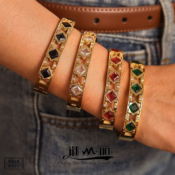 

Jewelry Elegant Gold Plating Stainless Steel Bangle Featuring Glass Zircons & Various Stone Options - Multiple Colors Available