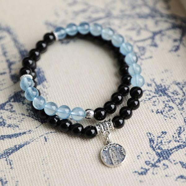 

Putuoshan fortune transfer natural obsidian aquamarine string sterling silver five-way God of Fortune double circle crystal bracelet female