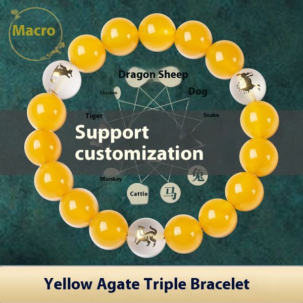 

Natural 7A Grade Yellow Agate Zodiac Triad Bracelet Men's and Women's Yellow Jade Crystal Buddha Bead Strings