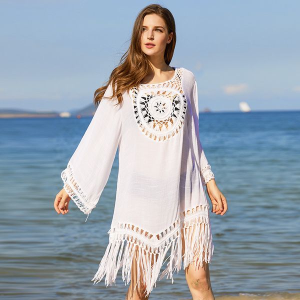 

Designer women beach dress summer Sexy fresh hand hook pure white fringe beach wear sun protection smock, Black