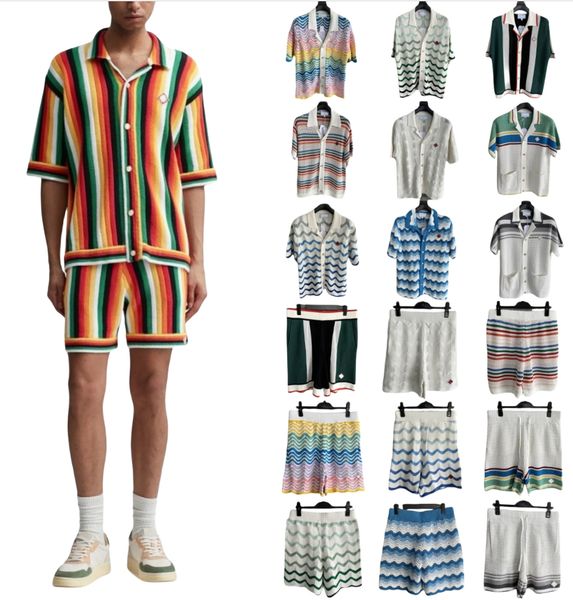 

25ss Casabalance New Rainbow Vertical Knit Short Sleeve Cardigan Sweater Shirt Men' and Women' Models Fashion Summer Athletic Casual Straight Knit Loose Shorts Set, Indigo