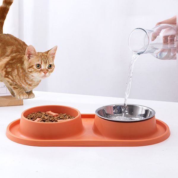 

Dog Cat Double Bowl Pet Food Feeder Water Drinking Dispenser With Silicone Pad Stainless Steel Anti Clogging And Slip Basin, Multi