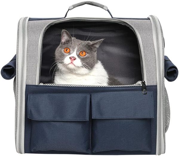 

Transport Pets Cats Dogs 10 kg, Portable Backpack Large Spacious 4 Entry Top Opening 3 Pockets Pet Bag Breathable Foldable for Travel Airline Approved, Navy blue