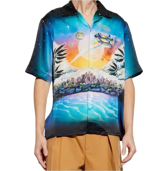 

25ss Men Designer Lapel Button Silk Shirt Casabalance Urban Skull Pattern Print Vacation Style Silk Casual Hawaiian Vacation Short Sleeve Cardigan T Shirt Tops tn, Gold