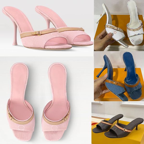 

heels x TM Mule high heeled designer womens pink denim 6AM mules 1ADIFX Signature Leather outsole models stiletto heel feminine style casual chic mule with box, Freight supplement