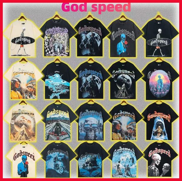 

godspeed designer mens t shirt clothe beach hipster fabric cotton Street colorful graffiti Letter foil all print Vintage washed black tee US size -XL, Blue