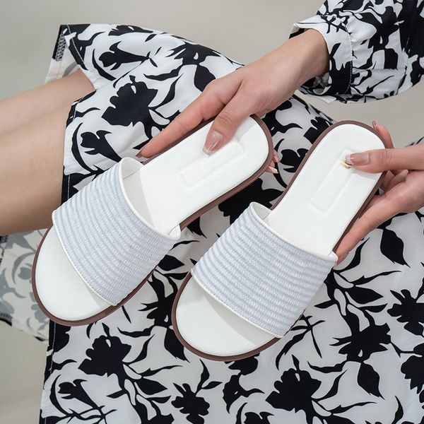 

Designer Slide Women Woven Sandal Fabric Slides Embroidered Wedges Beige Platform Slippers Summer Flat Comfort Mule House Beach Flip Flops Floral brocade striped, White