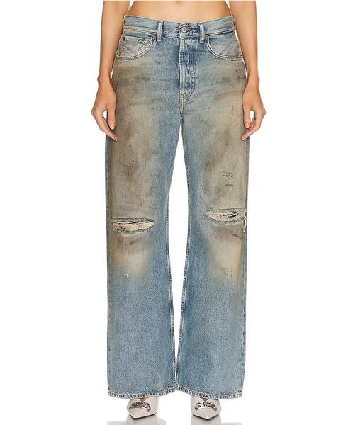 

womens designer jeans Nordic minimalist high waisted loose straight leg dirty pants nostalgic ripped jeans, Light blue