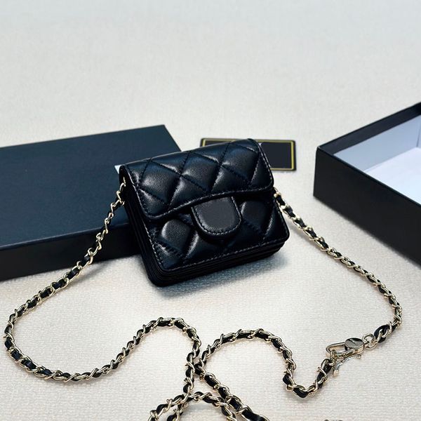 

Ladies Designer Mini Waist Bag Card Holder Purse Gold Buckle Hardware Matelasse Chain Lambskin Leather Black Clutch Bags Crossbody Shoulder Coin Wallet 11x10cm