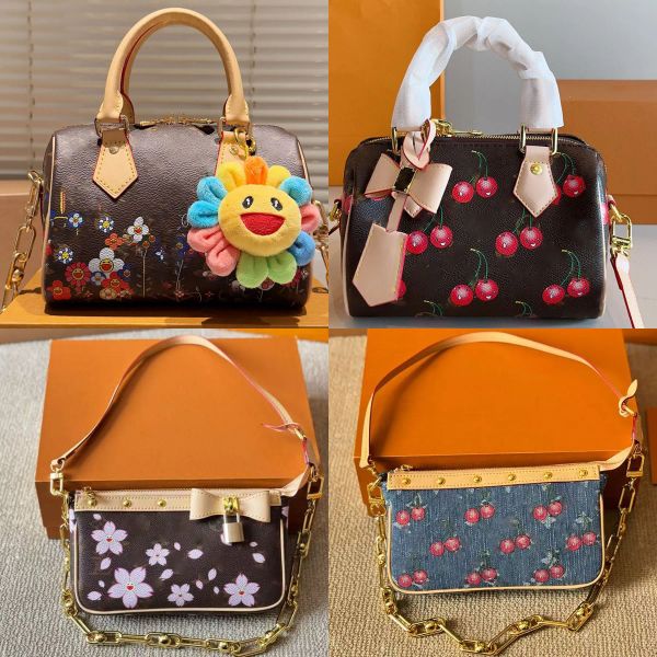 

2025 Designer bag Vintage Womens Tote bags cherry blossom Designer bag small cherry flower Genuine Leather crossbody shoulder Bag luxury brown women Handbag 20m, Split