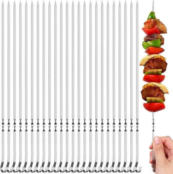 

BBQ 25 Piece Stainless Steel Twisted Pattern Square Skewers Household Flat L Round Needle Grilled Lamb Barbecue Reused, Sliver