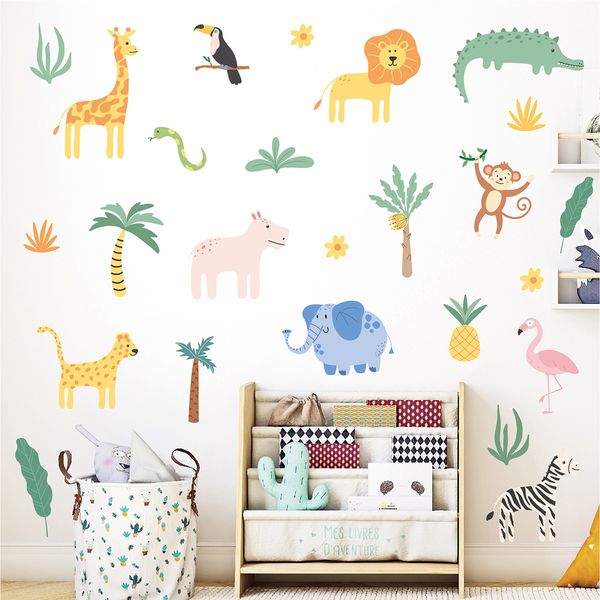 

Jungle Animal Wall Stickers Color Cartoon Graffiti Bedroom Kindergarten Decoration Childrens Room Forest Decals Wholesale Wallpaper