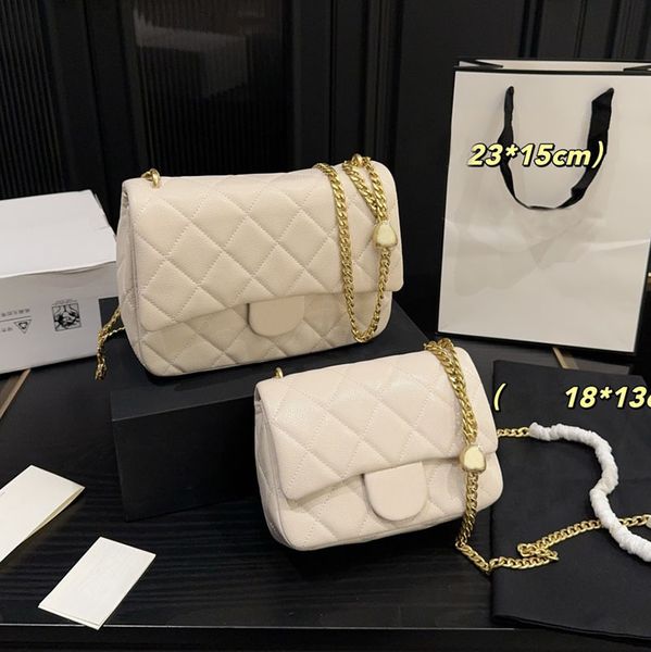 

Love Heart Buckle Ladies Designer Flap Bag Two Sizes Adjustable Metal Chain Gold Hardware Caviar Leather Classic Flap Handbag Shoulder Makeup Purse Sacoche 18/23cm, White