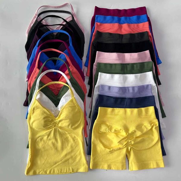 2pcs Impact Womens Backless Tank Top High Waist Threaded Seamless Shorts Gym Set Free shipping