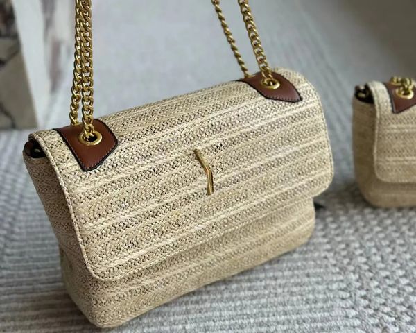 

Straw Womens Shoulder Bags Desinger Lafite Grass Woven Fashion Totes Handbags Summer Chain Envelope Shoulder Handbags BFD2503144, Khaki