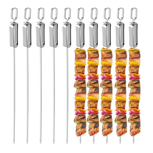 

10pcs/set Outdoor stainless steel meat sticks Bbq Barbecue Skewers Lamb Chicken Wings, Grilled Fish Balls, Etc., Sliver
