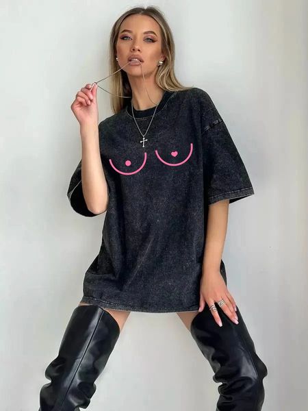 Summer Cotton Washed T Shirts Women Heart Funny Graphic T-Shirt Y2k Loose Casual Retro Short Sleeve Tee Hip Hop Streetwear 250328