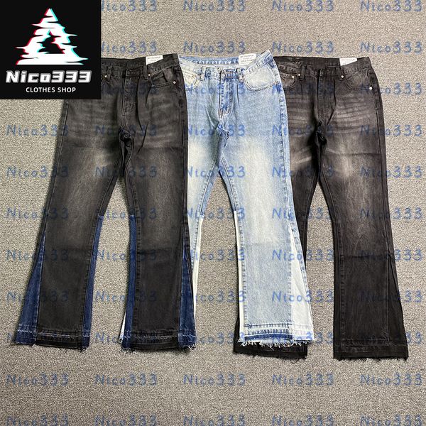 

Splicing color collision classic straight leg worn edge washed vintage hundred street men and women trend loose flare jeans, #49