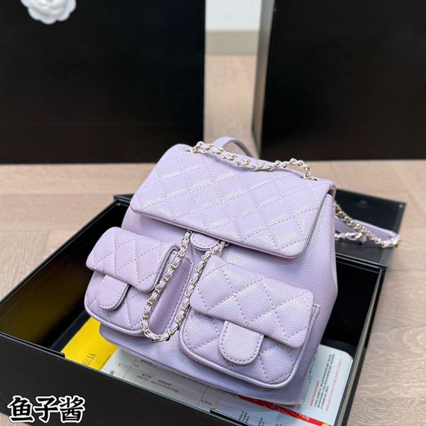 

Women Designer Purple Caviar Leather Classic Backpack Bag with Two Mini Flap Pockets Gold Metal Hardware Adjustable Shoulder Strap Tote School Bags Handbag 20x19cm, Black caviar