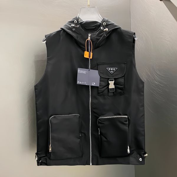 

GG-P-R-A Designer Men's Casual Tank Coats Top 2025 New Pocket Versatile Zip Up Black Hooded Vests Close-fitting Sleeveless Vest Jacket