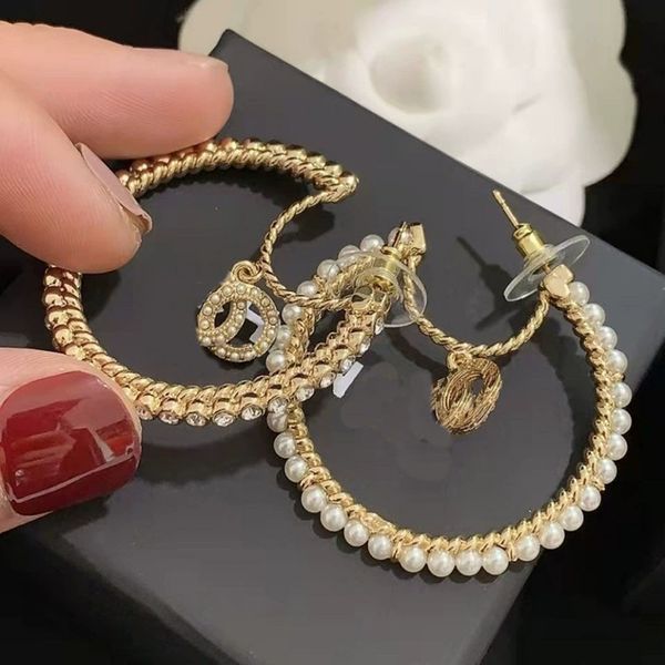 Hot K Gold 925 Silver Needle Luxury Brand Designer Letter Large Circle Earrings Ladies Round Diamond Crystal Pearl Earrings Fashion Jewelry Necklace Wedding Gift