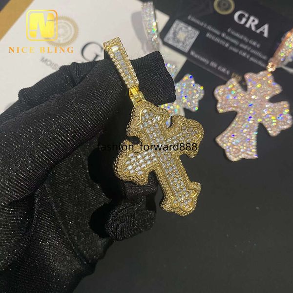 

Ice out pendant, pure sier hip-hop emerald round cut jewelry VVS silica cross pendant