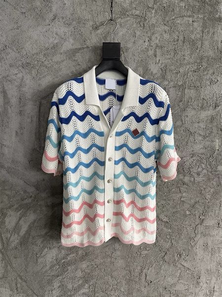 

25ss tide new pearl buttons wave colorful stripes hollow knitted cardigan casual shirt casablalo loose men and women models Designer short-sleeved knit sweater tops, Burgundy